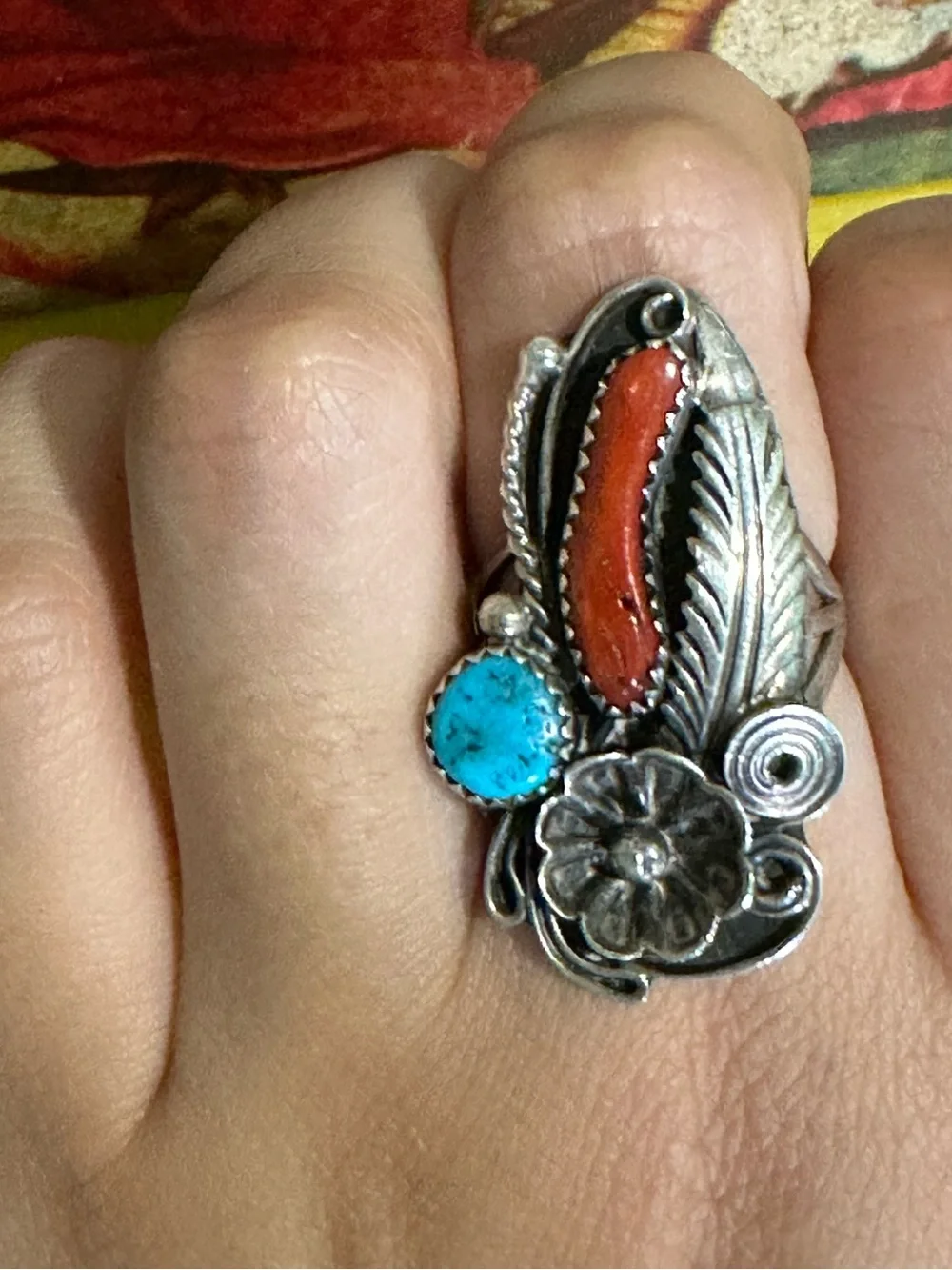 Vintage Blue Turquoise and Red Coral Ring, Native, Southwestern, Boho